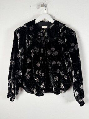Pilcro Anthropologie Petite Small Floral Velvet Ruffle Collar Puff Sleeve Top